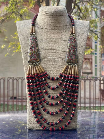 Tibetan style multilayer Black and Maroon necklace