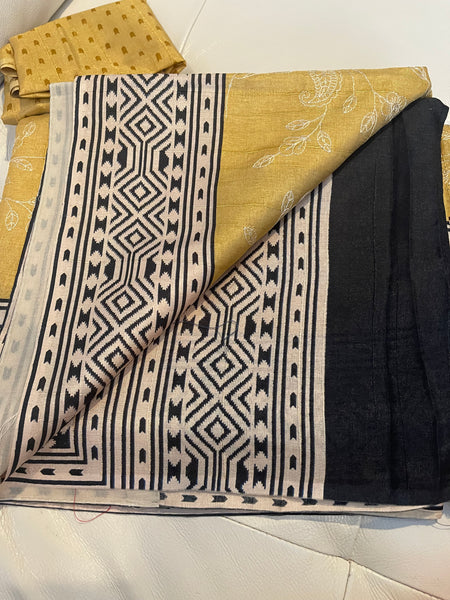 Beige Yellow Tussar Silk Saree with Embroidery