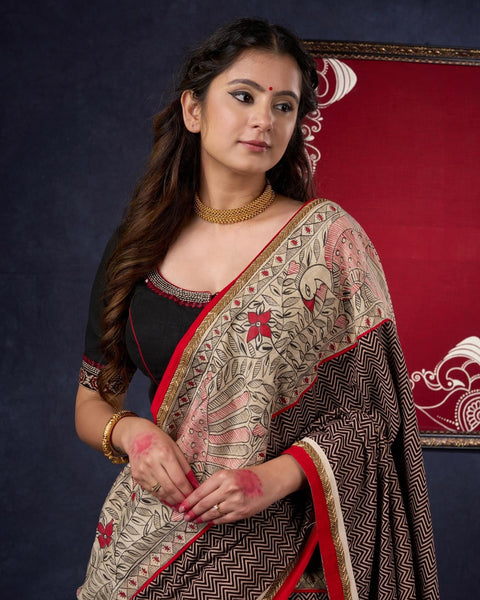 Black Ajrakh Cotton Saree with Hand-Painted Madhubani Border