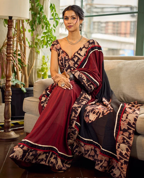Maroon-Black Dual-Tone Cotton Saree with Kalamkari Border & Pallu