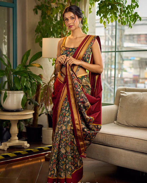 Dark Green Kalamkari Printed Chanderi Saree with Maroon Khun Pallu