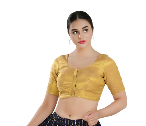 Gold Shimmer Padded Front Open Elbow Sleeves Saree Blouse