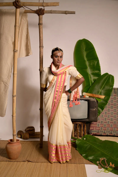 Cream White Cotton Saree with Pink and Golden Striped Border