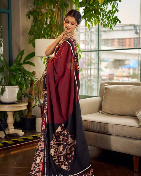 Maroon-Black Dual-Tone Cotton Saree with Kalamkari Border & Pallu