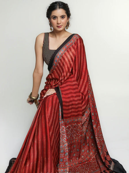 RED MODAL SILK SAREE WITH STRIPED PATTERN