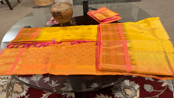 Yellow and Coral Pink Pure Silk Handloom Gadwal Saree