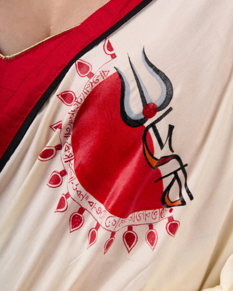 Hand-painted Durga-Ma Saree in Off-white Rayon & Red Combination