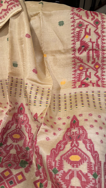 Reddish Maroon Handwoven Pure Tussar Silk Jamdani Saree