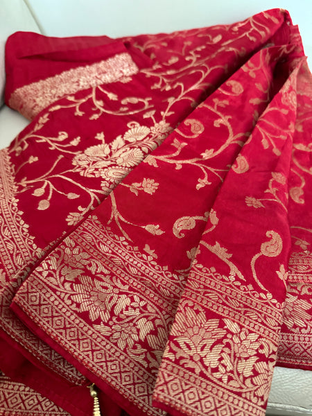 Red and Gold Munga Banarasi Silk Saree
