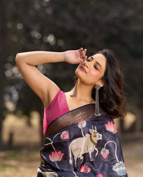 Midnight Black Tussar Silk Saree with Traditional Pichwai Print