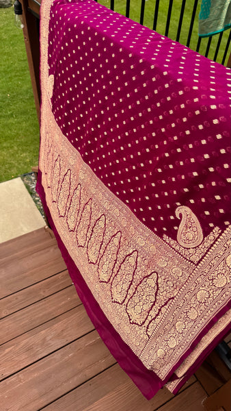 Wine Burgundy Pure Khaddi Georgette Chiffon with Stitched Net Blouse