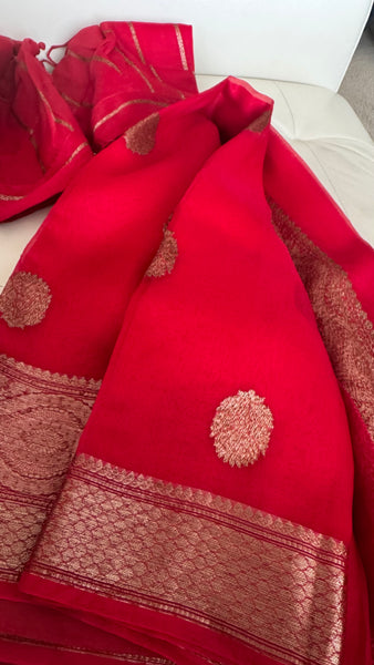 Red Pure Kora Silk Saree