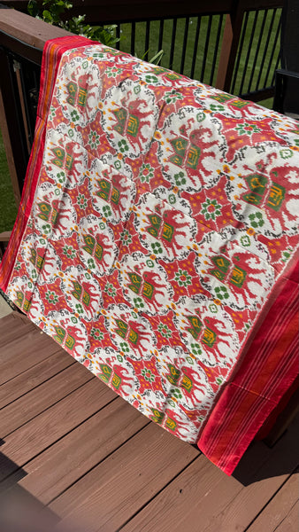 Pure Pochampally Double Weaving Ikat Silk Patola White Red Saree