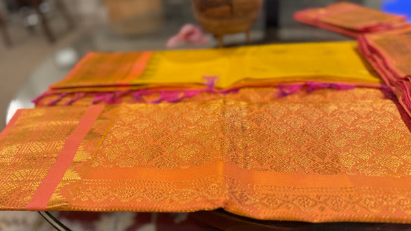 Yellow and Coral Pink Pure Silk Handloom Gadwal Saree