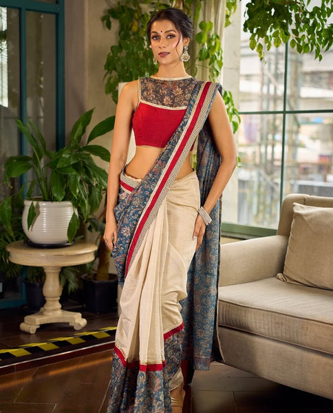 Ivory Kalamkari Floral Chanderi Saree with Red Zari-Trimmed Hem & Chevron Border Accent