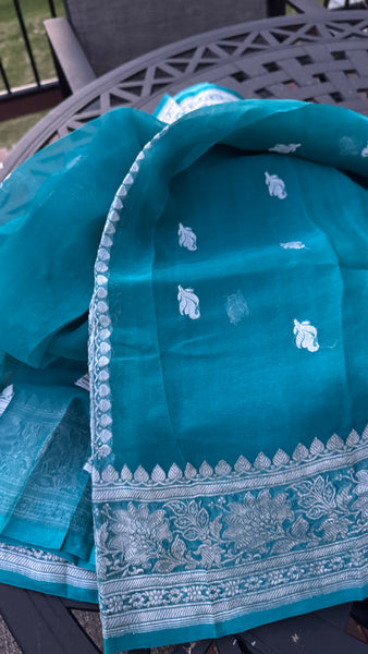Teal Pure Handwoven Khaddi Banarasi Chiffon Georgette Saree