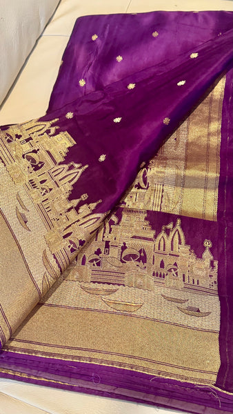 Kashi Elegance – Purple and Gold Mashru Silk Banarasi Handloom Saree