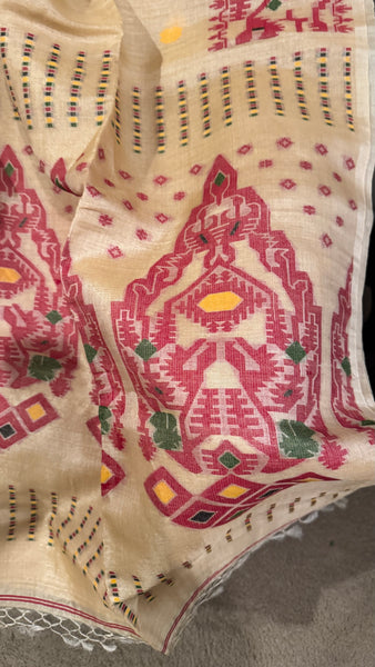 Reddish Maroon Handwoven Pure Tussar Silk Jamdani Saree