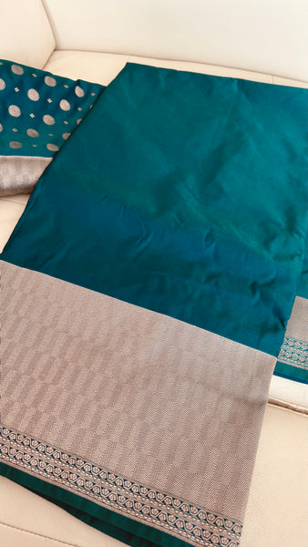 Soft Banarasi Silk Saree Iridescent Peacock Blue With Zari Border