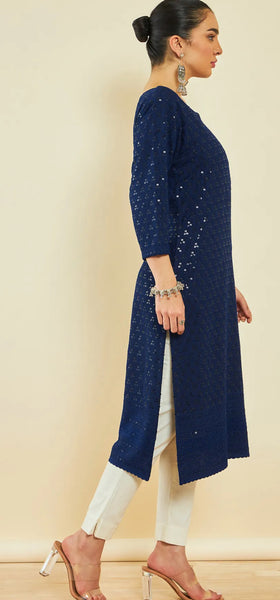 Navy Blue Rayon Sequin Embroidered Boat-Neck Straight Kurta