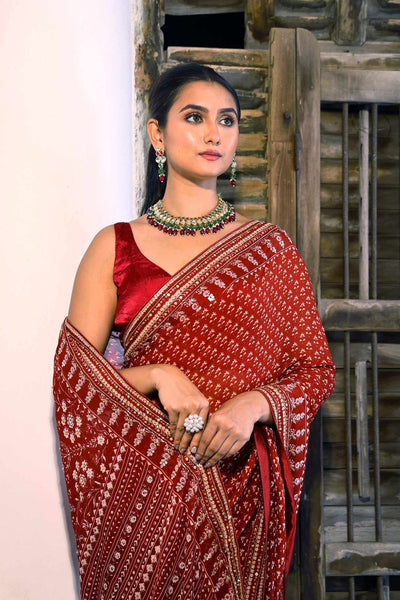 Bollywood Kareena Kapoor Coral Brick Red Chiffon Block Print