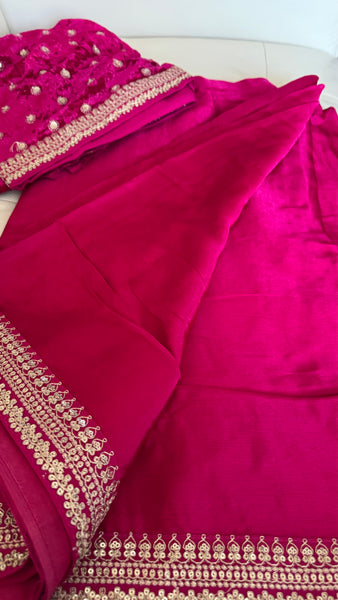Fuchsia Pink Crepe Silk Saree with Zardosi Border