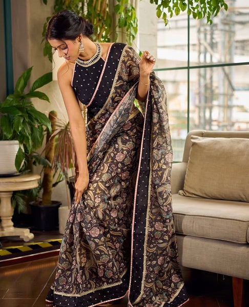 Mystic Black Kalamkari Print Chanderi Saree with Dotted Border & Pink Hem