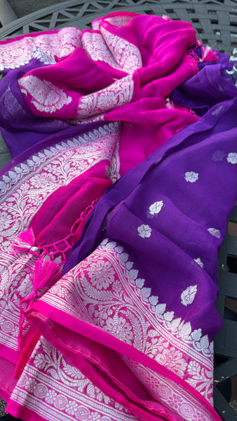 Purple and Hot Pink  Pure Handwoven Khaddi Banarasi Chiffon Georgette Saree