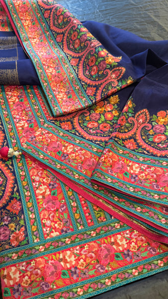 Navy Blue and Pink Kani Saree with Golden Zari