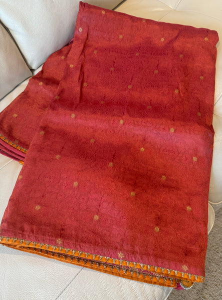 Coral Pink and Orange Katan Tanchoi Silk Saree