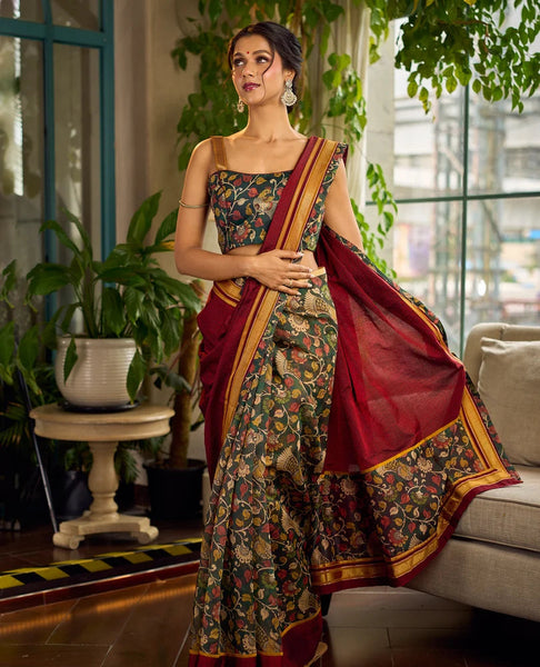 Dark Green Kalamkari Printed Chanderi Saree with Maroon Khun Pallu