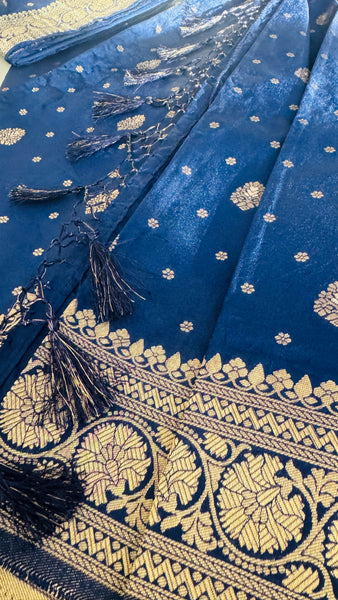 Navy Blue and Gold Pure Tussar Crepe Silk Saree