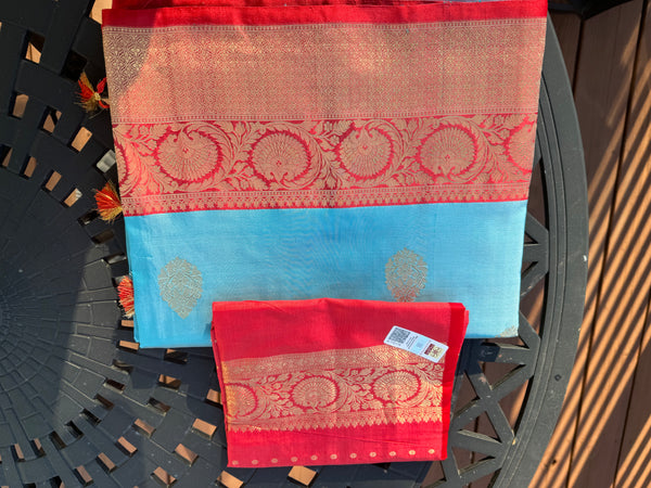 Sky Blue Soft Banarasi Pattu Katan Silk Saree with Zari weaves with Red Border