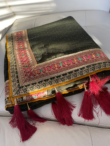 Olive Mehendi Green Saree with Stone Embellishments with woven Embroidery