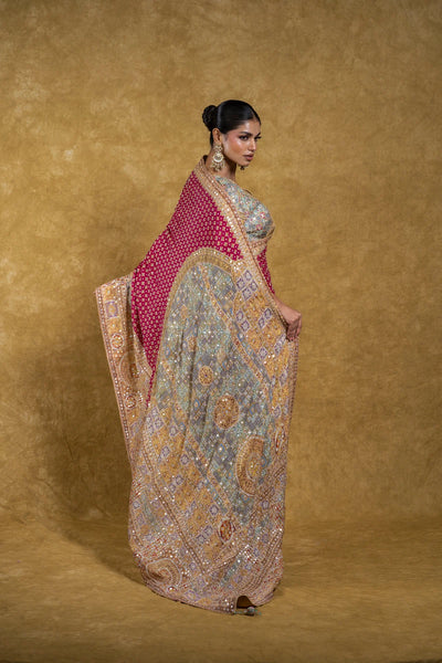 Rani Pink and Pastel Multicolor Border Saree