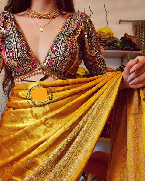 Yellow Gold Georgette Embroidered Blouse with Saree