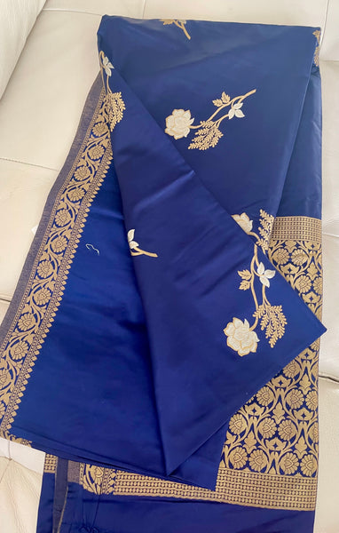 Deep Blue and Gold Soft Silk Saree with Floral Design