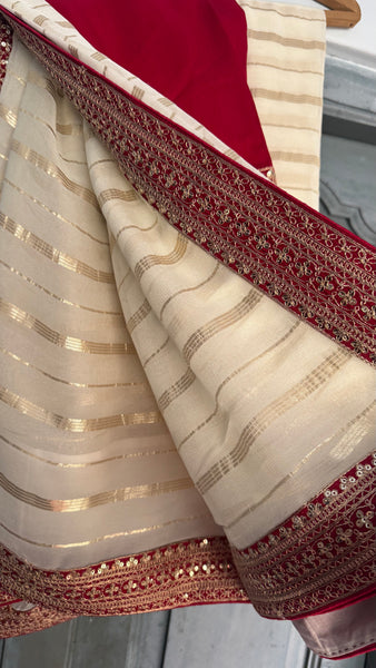 White and Red Georgette Chiffon Zardosi Saree