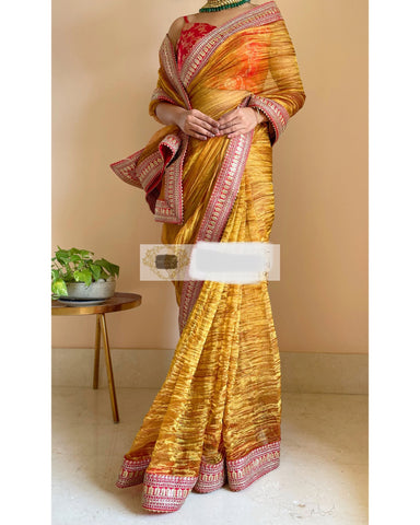 Gold Zari Tissue Saree with Red Border