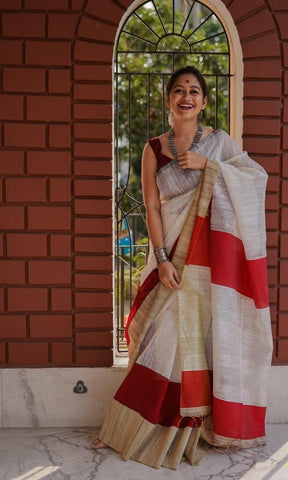 Pure Cotton Cream and Red Jute Saree