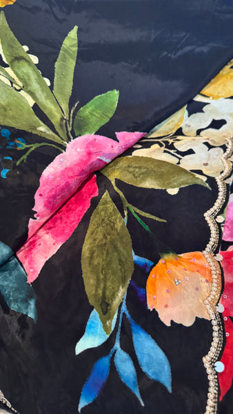 Black Multicolor Crepe digital print with pearl and Katdana borders