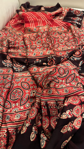 BLOCK PRINTED MAROON MODAL SILK AJRAKH SAREE