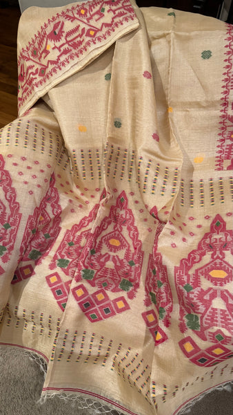 Reddish Maroon Handwoven Pure Tussar Silk Jamdani Saree