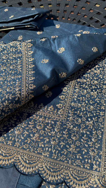 Royal Blue and Gold Tussar Silk Saree with Zari Butta's