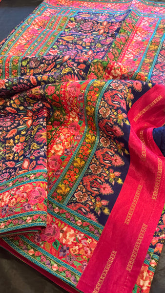 Navy Blue and Pink Kani Saree with Golden Zari