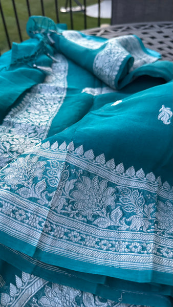 Teal Pure Handwoven Khaddi Banarasi Chiffon Georgette Saree