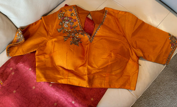 Coral Pink and Orange Katan Tanchoi Silk Saree