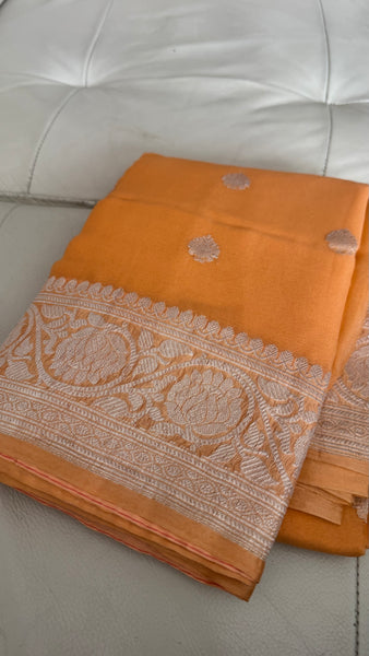 Peach Orangish and Silver Pure Handwoven Khaddi Banarasi Chiffon Georgette Saree