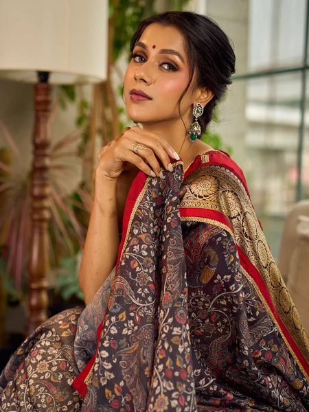 Dark Grey All-Over Kalamkari Floral Chanderi Saree with Gold Woven Zari Border & Maroon Hem Accent