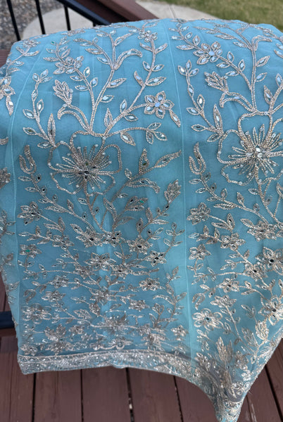Sky Blue and Silver Embroidered Net Lehenga